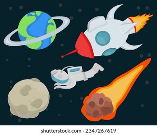 Cartoon space Astounaut set with vector elements.