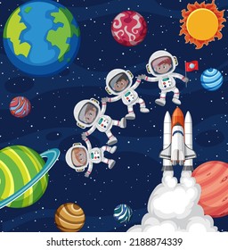 Cartoon space background with astronauts illustration