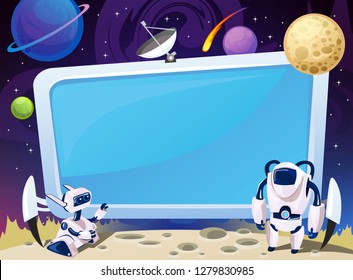 Cartoon space background with empty computer screen in the middle. Vector cosmic illustration for party, greeting card, invitation, certificates etc