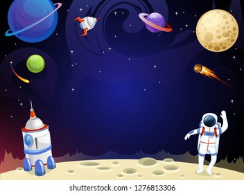 Cartoon space background with empty space in the middle. Vector cosmic illustration for party, greeting card, invitation, certificates etc