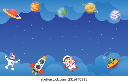 Cartoon space background with empty space in the middle. Vector cosmic illustration for party, greeting card, invitation, certificates etc