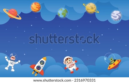 Cartoon space background with empty space in the middle. Vector cosmic illustration for party, greeting card, invitation, certificates etc