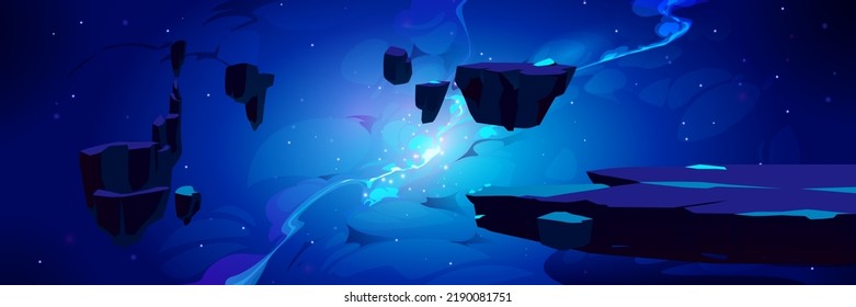 Cartoon space background with glowing nebula or galaxy sleeve and flying rocks or islands in dark blue starry sky. Far universe with stars, fantasy alien world, cosmos view, Vector illustration