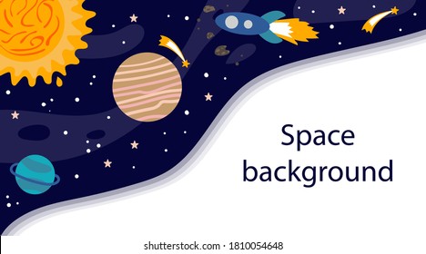 Cartoon Space background. Heavenly science poster with space objects and copy space. Colorful planets, sun and rocket on space, galaxy map with lettering vector horizontal banner, flyer or poster