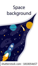 Cartoon Space background. Heavenly science poster with space objects and copy space. Colorful planets, sun and rocket on space, galaxy map with lettering vector vertical banner, flyer or poster