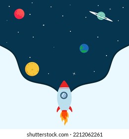 Cartoon space background invitation template with rocket planets and stars. Colorful vector illustration for baby boy, kids birthday party poster, card design, website, start up, copy space for text.