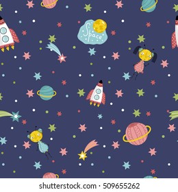 Cartoon space background with cartoon planet and stars. Outer space cartoon background. Space background for kids diploma or kids books.