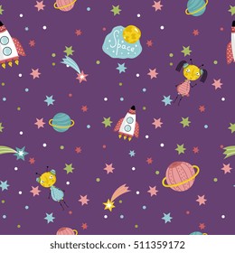 Cartoon space background with cartoon planet and stars. Outer space cartoon background. Space background for kids diploma or kids books. Cartoon space vector illustration. Cartoon galaxy and cosmos.