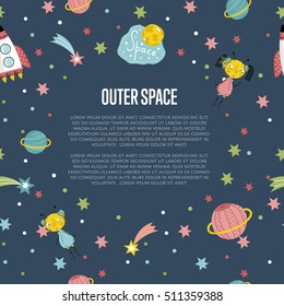 Cartoon space background with cartoon planet and stars. Outer space cartoon background. Space background for kids diploma or kids books. Cartoon space vector illustration. Cartoon galaxy and cosmos.