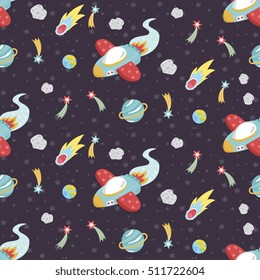 Cartoon space background with cartoon planet and stars. Outer space cartoon background. Space background for kids diploma or kids books. Cartoon space vector illustration. Cartoon galaxy and cosmos.
