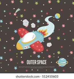 Cartoon space background with cartoon planet and stars. Outer space cartoon background. Space background for kids diploma or kids books. Cartoon space vector illustration. Cartoon galaxy and cosmos.