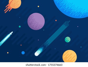 Cartoon space background with planets and asteroid. Suitable for posters, presentation slides, covers etc. Flat vector illustration