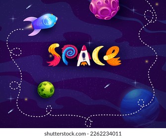 Fondo espacial de dibujos animados, cohete y estrellas. Cohetes vectores volando en galaxia o Universo. Tipografía infantil de lanzadera y creativa en cielo estrellado azul. Exploración cosmos, investigación tema infantil