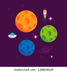 Cartoon space background with rockets, planets and stars.
