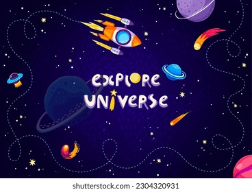 Fondo espacial de dibujos animados, nave espacial y estrellas. Paisaje cósmico vectorial, investigación de cohetes. diseño para niños con servicio de vuelo y tipografía infantil creativa explorar Universo en cielo estrellado oscuro