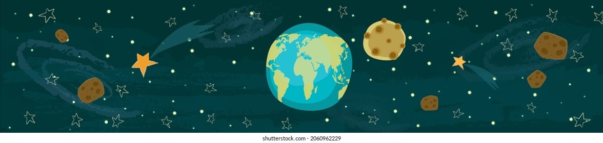 Cartoon space background. Starry sky, planet Earth and moon, flying camets and asteroids. Vector illustration