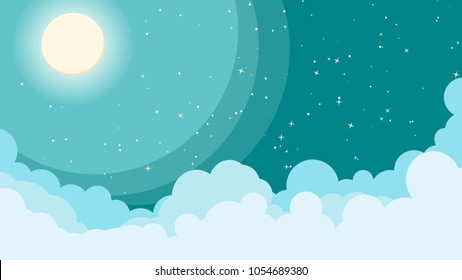 Cartoon Weltraum Hintergrund mit Sternen und Mond. Nachts Sternenhimmel. Vektorillustration.