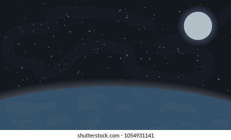 Cartoon space background with stars and Moon. Night starry sky. Vector illustration.