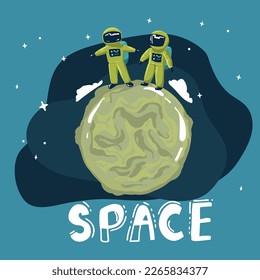 cartoon space backgrounds with Astronaut. Templates for flyers, banners, cards, covers, frames, posters. Vector children's illustration. The rocket takes off into the sky. Planets and the universe. Ga