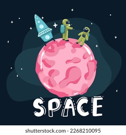 cartoon space backgrounds with Astronaut. Templates for flyers, banners, cards, covers, frames, posters. Vector children's illustration. The rocket takes off into the sky. Planets and the universe. Ga