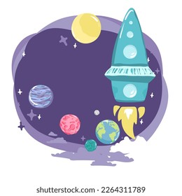 cartoon space backgrounds. Templates for flyers, banners, cards, covers, frames, posters. Vector children s illustration. The rocket takes off into the sky. Planets and the universe. Game style,