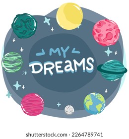 cartoon space backgrounds. Templates for flyers, banners, cards, covers, frames, posters. Vector children's illustration. The rocket takes off into the sky. Planets and the universe. Game style,
