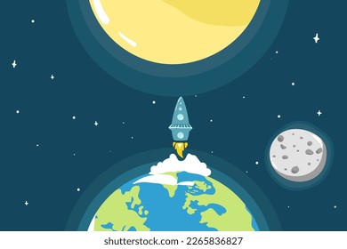 cartoon space backgrounds. Templates for flyers, banners, cards, covers, frames, posters. Vector children's illustration. The rocket takes off into the sky. Planets and the universe. Game style,