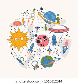 Cartoon space banner with aliens, astronauts, spaceships in cosmos with sun and planets. Futuristic background with cosmonauts on moon, ufo, rockets, comets, stars and constellations. Galaxy border.