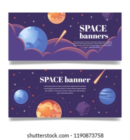 Cartoon space banner with planet, comet. Horizontal banners with earth and сlouds. The Universe. banner for social media.
