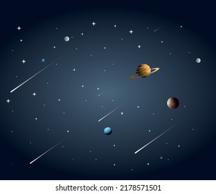 Cartoon space banner with purple planet surface with craters on night galaxy sky
