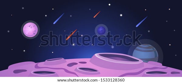 Cartoon space banner with purple planet\
surface with craters on night galaxy sky background with falling\
meteor rain - colorful vector\
illustration