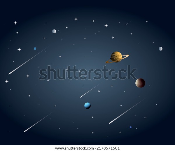 Cartoon space banner with purple planet\
surface with craters on night galaxy\
sky\
