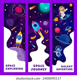 Cartoon space banners. Funny astronaut and alien, rocket and space galaxy landscape. Vector fantasy universe background, planets, spaceships and comets, cute kid spaceman and martian characters