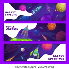 Cartoon space banners, vector horizontal cards with rockets in starry galaxy landscape with planets. Spaceships in interstellar expedition adventure, mission. Spacecrafts in Universe kids bookmarks