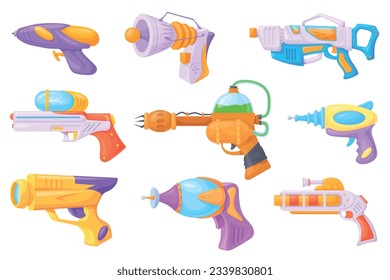 Aplastadores espaciales de dibujos animados. Armas futuristas para niños juegan en el espacio juegos de guerra alienígenas, armas de plasma blaster futuro armamento pistola láser retro cifi, claro ilustración vectorial