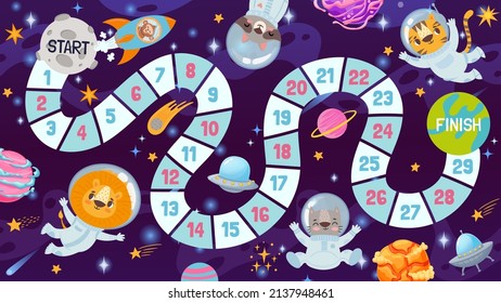 Cartoon Space Board Game For Kids With Animals Astronauts. Path Map For Children Galaxy Dice Play. Cosmos Race Strategy Game Vector Template. Lion, Tiger, Cat, Raccoon And Monkey Have Adventure