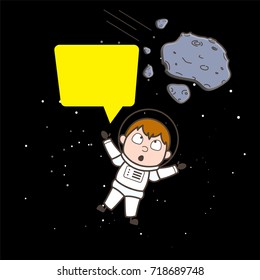 Cartoon Space Boy with Asteroids and Message Bubble Vector Illustration