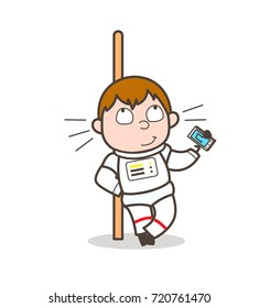 Cartoon Space Boy Showing Music Device Vector Illustration