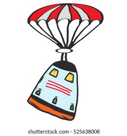 Cartoon of a space capsule returning to earth via parachute Hand drawn original make believe image