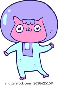 cartoon space cat in bright neon colors