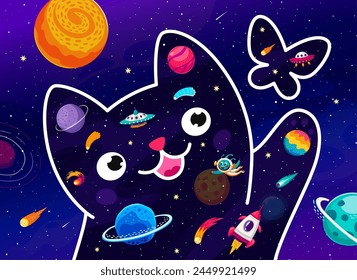 Gato espacial de dibujos animados persiguiendo una mariposa. Linda mascota cósmica jugando en el universo lejano. Vector celestial felino silueta adornada con galaxias, estrellas y planetas, platillos ovni y extraterrestres dentro de sus contornos