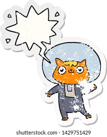 gatito espacial de dibujos animados con burbuja de habla angustiado viejo pegatina