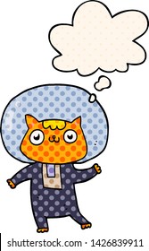 gato espacial de dibujos animados con burbuja de pensamientos en el estilo de un libro de historietas