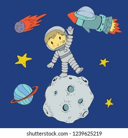Cartoon space for children. Moon, stars, planet, asteroid, boy astronaut and rocket spaceship. Adventure, travel, exploration around universe.