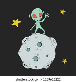 Cartoon space for children. Moon, stars, planet, asteroid, astrounaut, rocket, spaceship, alien, ufo. Adventure, travel, exploration around universe.