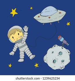 Cartoon space for children. Moon, stars, planet, asteroid, astronaut and rocket spaceship,. Adventure, travel, exploration around universe.