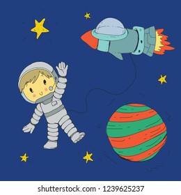 Cartoon space for children. Moon, stars, planet, asteroid, astronaut and rocket spaceship. Adventure, travel, exploration around universe.