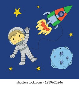 Cartoon space for children. Moon, stars, planet, asteroid, astronaut and rocket  spaceship. Adventure, travel, exploration around universe.