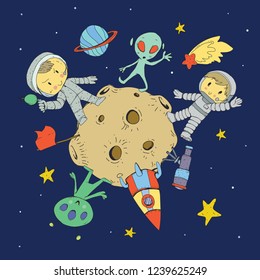 Cartoon space for children. Moon, stars, planet, asteroid, astrounaut, rocket, spaceship, alien, ufo. Adventure, travel, exploration around universe.