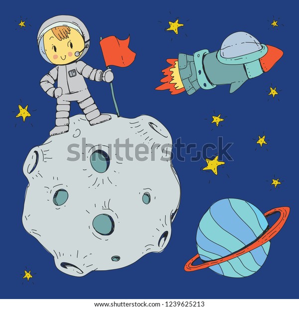 Cartoon space for children. Moon, stars,\
planet, asteroid, astrounaut, rocket, spaceship and ufo. Adventure,\
travel, exploration around\
universe.